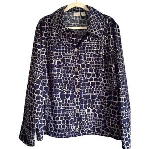 Zenergy by Chicos Blue White Croc Print Button Front Jacket Size 3 L XL